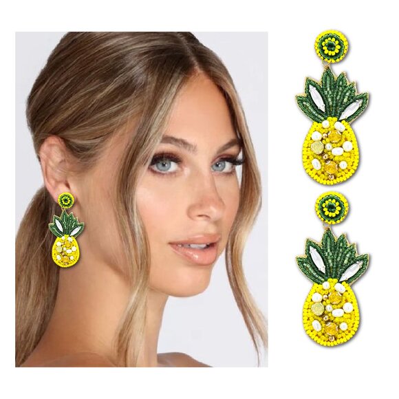 Rhinestone Crystal Seed Bead Sequin Resort Tropical Fruit Statement Earrings NEW - Picture 2 of 3